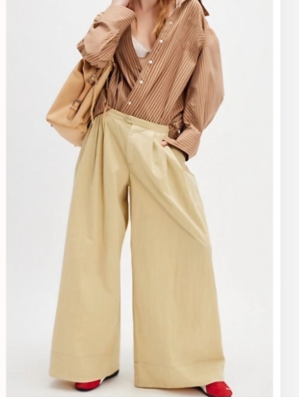 Free People Paige Pleated Pull-On Trousers Brulee Biscuit Tan-2 Size L NWT